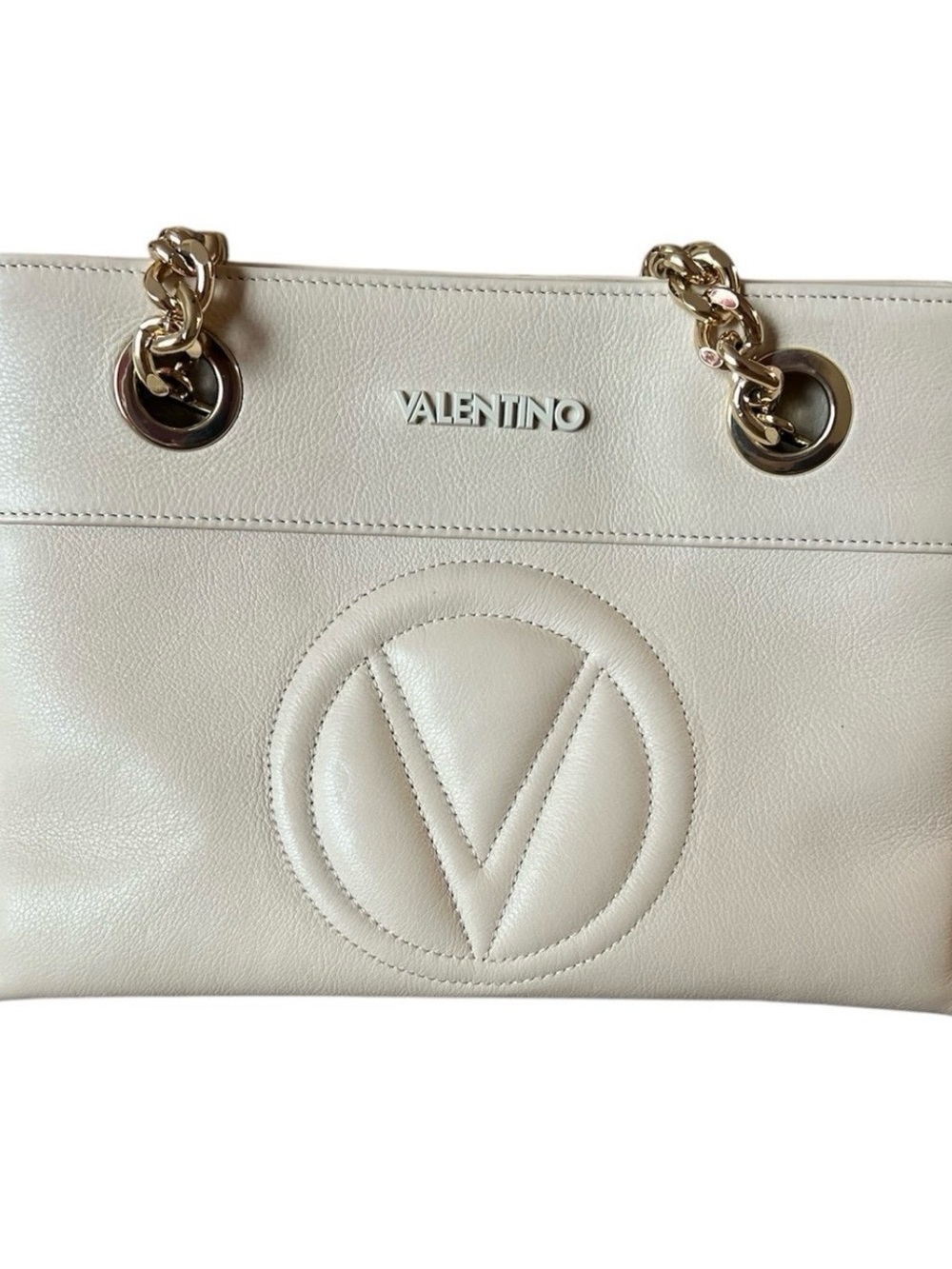 Valentino Cream Leather Tote with Gold Chain Handles HTF